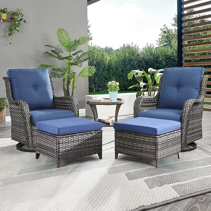 Outdoor Wicker Patio Furniture Set - 5 Pieces Rattan Patio Conversation Set with 2 Rocking Swivel Chairs,2 Ottomans and 1 Side Table for Porch Deck Backyard Garden(Mixed Grey/Blue)