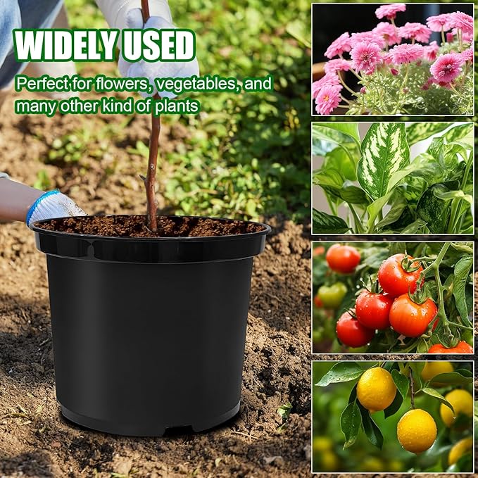 5 Gallon Nursery Pots, 12 Inch Thickened Plant Pots with Drainage Holes, Plastic Round Flower Pots for Outdoor Indoor Plants (6-Pack, Black)