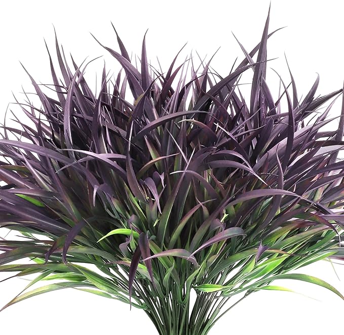 Ouddy Decor 16 Bundles Artificial Plants Outdoor Fake Grass Greenery Stems UV Resistant Faux Plastic Shrubs for Autumn Garden Pathway Front Porch Home Harvest Thanksgiving Halloween Decor, Purple