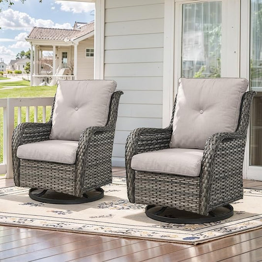 Outdoor Swivel Rcoker Patio Chairs - Outdoor Swivel Patio Chairs Set of 2 Wicker Chair Patio Furniture Sets with Covered Cushion for Porch Deck Balcony Garden, Beige