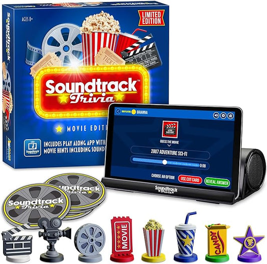 Soundtrack Trivia Limited Edition Movie Game Includes Bluetooth Speaker, Hand Painted Pieces and Coasters, Name The Movie from a 15 Second Music Clip, Board Game for Family, Adults, Kids Ages 8+