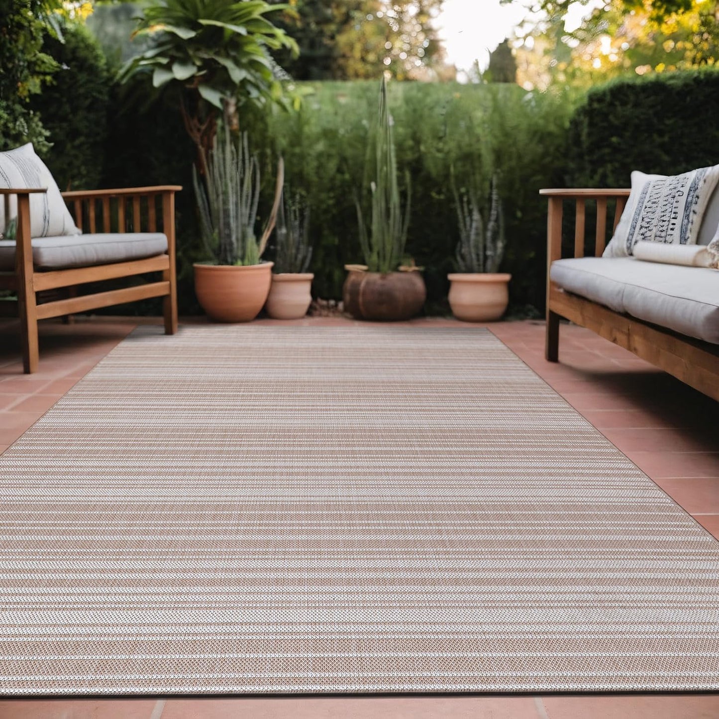 Stripe Outdoor Rug 8x10 Washable Outside Carpet for Indoor Patio Porch Waterproof Easy Cleaning Non Shedding Area Rugs Beige 8 x 10