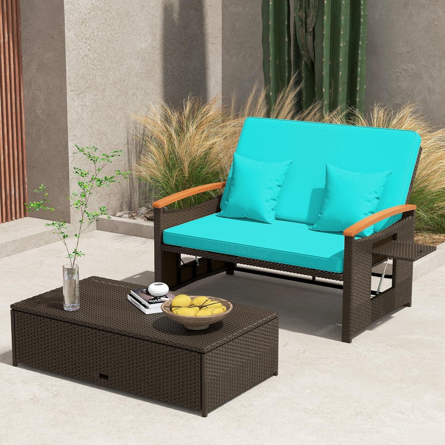 Tangkula Patio Rattan Daybed Set with Cushioned Loveseat and Storage Ottoman, Outdoor Double Chaise Lounger with 4-Level Adjustable Backrest and Retractable Side Trays for Backyard (Turquoise)