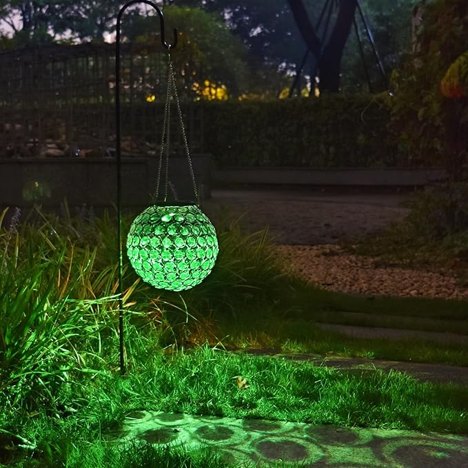 Solar Hanging Lantern Outdoor Lights, Dual LEDs Color Changing and Cool White Hanging Light Waterproof Crystal Globe Lamp Decoration in Garden, Pathway, Front Door - Clear