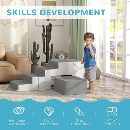 Qaba Toddlers Climbing Toys, Foam Climbing Blocks, 2 Pieces PU Leather Soft Play Set Indoor for Crawling or Sliding Aged 1-3 Years, Light Gray