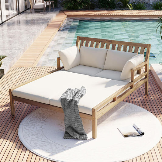 Merax Outdoor Daybed, 3 Seater Acacia Wood Daybed, Patio Day Bed with Four Pillows, Wooden Outdoor Bed with Curved Armrests for Poolside, Backyard, Garden, Light Teak