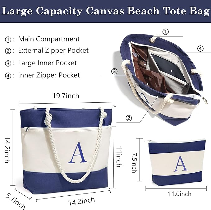 YOOLIFE Beach Bags for Women - Initial Tote Waterproof Bag with Makeup Bag, Mothers Day Gifts for Women Mom Friend Birthday