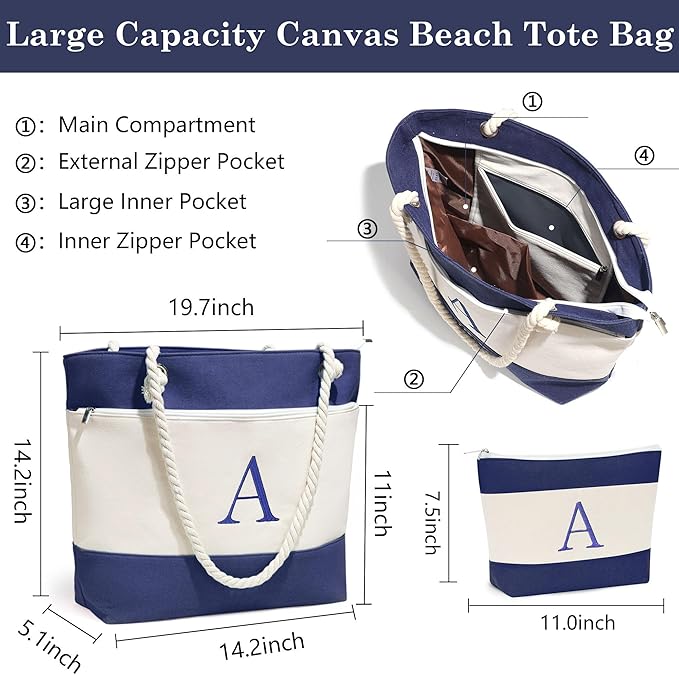 YOOLIFE Beach Bags for Women - Initial Tote Waterproof Bag with Makeup Bag, Mothers Day Gifts for Women Mom Friend Birthday