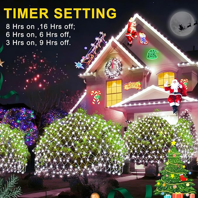 KNONEW Christmas Net Lights 360 LEDs 13ft x 9.8ft Outdoor Mesh Lights Connectable Waterproof 8 Modes & Timer Plug-in Net Fairy Lights for Bushes Garden Party Wedding Holiday,Cool White