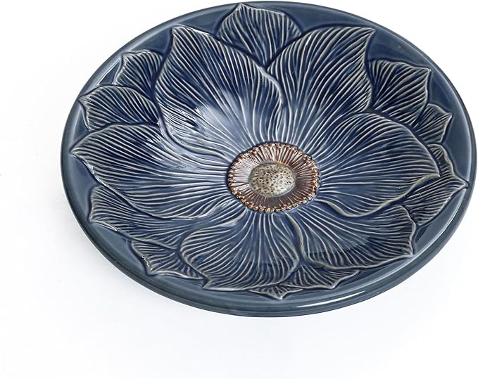 LuxenHome 22 Inch Ceramic Bird Bath for Outside, Elegant Tall Outdoor Bird Bath, Lightweight Pedestal Glazed Birdbaths for Outdoors with Floral Pattern, Deep Blue