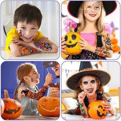 52 Pcs Bright colors Halloween Temporary Tattoo for Kids Full Arm for Girls Boys Pumpkin Ghost Castle Monster Body Face Fake Arm Tattoos Makeup Tiny Tattoo Stickers Scary Halloween Party Supplies