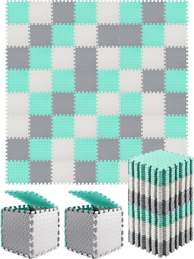 Shihanee Foam Floor Baby Tiles Foam Floor Mats Play Mats Bulk with Borders Interlocking for Kids Baby Playroom Nursery Gym (White, Gray, Green,64ft)