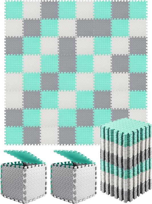 Shihanee Foam Floor Baby Tiles Foam Floor Mats Play Mats Bulk with Borders Interlocking for Kids Baby Playroom Nursery Gym (White, Gray, Green,64ft)