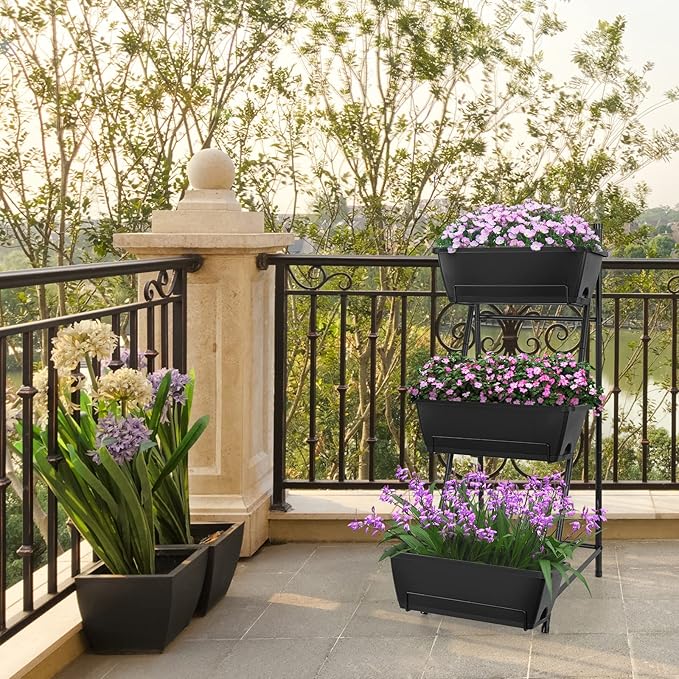 Vertical Raised Garden Bed 3 Tier Elevated Garden Planters Stand Up Garden Planter Box with Drainage Holes for Outdoor Indoor Plants Herbs Flowers Vegetables Black