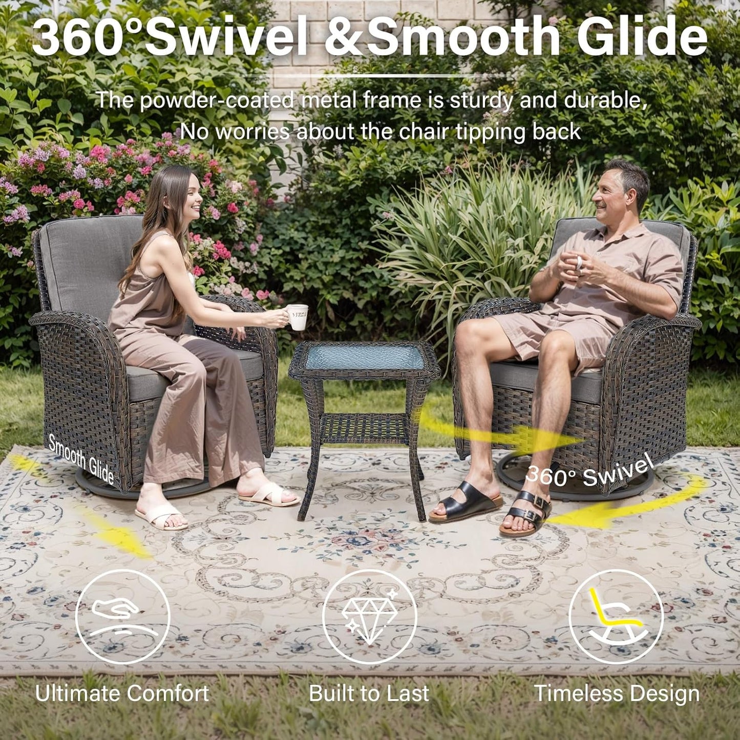 5 Piece Outdoor Patio Furniture Set with 50000 BTU Propane Fire Pit Table, Deep Seating Wicker Swivel Rocker Chairs and Loveseat Glider Patio Conversation Set for Poolside Deck Backyard Grey