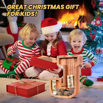 KMC Wooden Letter Piggy Bank, Personalized Initial Piggy Bank for Kids Boys, Clear Alphabet J Wood Money Box, Unbreakable Coin Saving Jar, Birthday, for Children