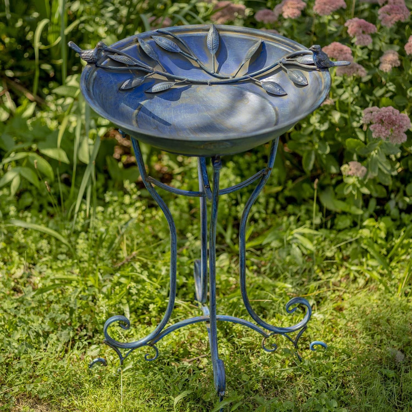 Zaer Ltd. Deep Well Made Metal Birdbath with 2 Cast Iron Birds and Leaf Decoration (Frosted Blue)