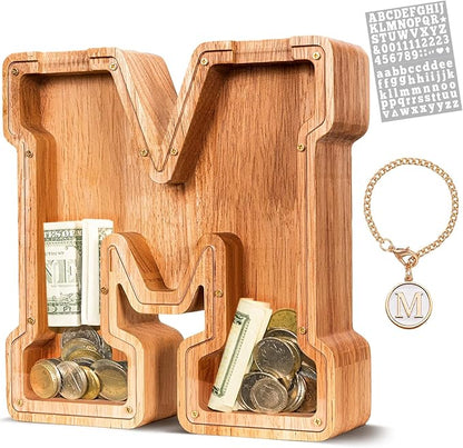 KMC Wooden Letter Piggy Bank, Personalized Initial Piggy Bank for Kids Boys, Clear Alphabet M Wood Money Box, Unbreakable Coin Saving Jar, Birthday, for Children