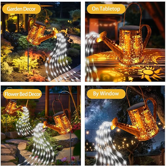 Solar Garden Lights Outdoor, Solar Watering Can Lights Garden Decor Gifts for Grandma Mom, Sun Moon Waterproof Hanging Lantern with String Lights, Yard Decoration for Patio Porch Lawn Backyard Pathway