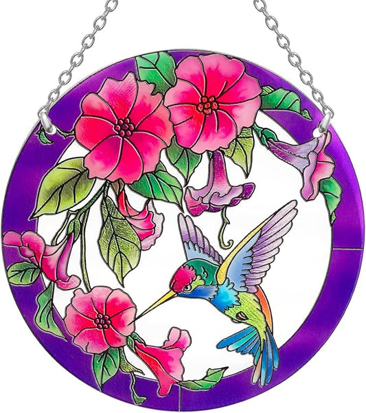 Larger Purple Stained Glass Window Hanging, Hummingbird Gifts for Women, Bird and Flowers Suncatcher, Hummingbird Gifts for Women, Bird and Flowers Suncatcher for Window, Hand Painted Glass