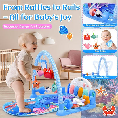 Baby Gyms Play Mats, Baby Toys Tummy Time Mat, Baby Activity Mat Play Piano Gym with 5 Sensory Toys for Babies, Music and Lights Boy & Girl Gifts for Infant Newborn Baby 0-3 4-6 6-9 6-12 Months