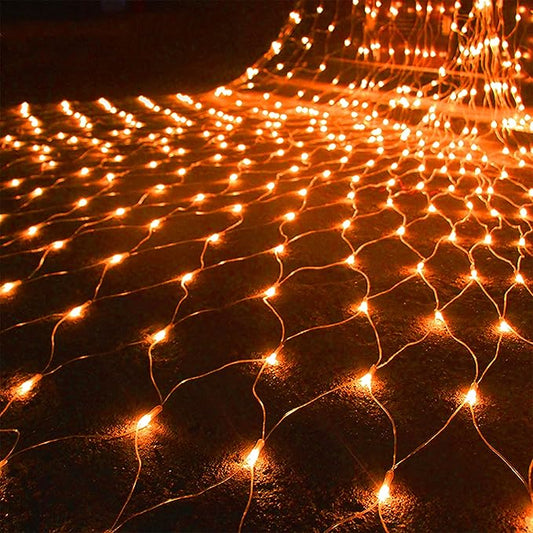 WATERGLIDE Outdoor Halloween Net Lights, 12FT x 5FT 360 LED Fairy String Light with 8 Lighting Modes, Connectable Light Safe Adaptor for Garden Tree, Bushes, Holiday Wedding Party Decorations, Orange