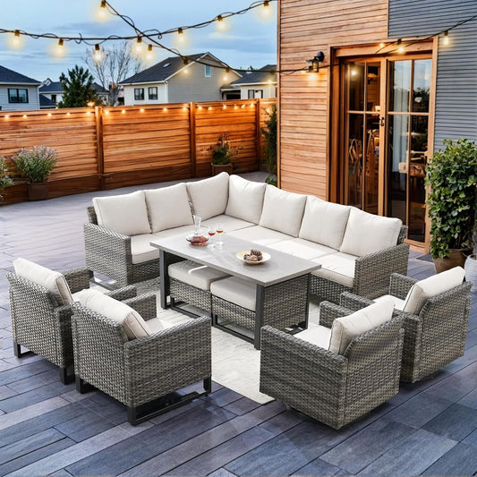 HUMMUH 9 Piece Patio Furniture PE Wicker 6-Seater Outdoor Sectional Sofa with Dinning Table Patio Swivel Chairs and Outdoor Chairs for Porch,Garden,Backyard,Deck