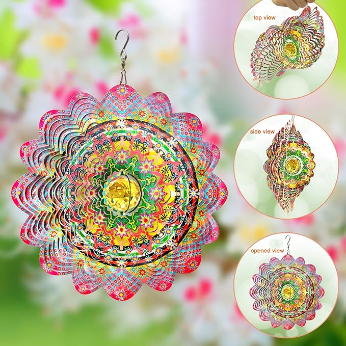 FONMY Mandala Wind Spinner w/Crystal Ball-Romatic Flower 3D Stainless Steel Hanging Spinners Worth Gift Christmas Decoration Indoor/Outdoor Garden Décor Kinetic Yard Art 12 Inches Wind Sculpture
