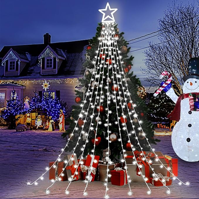 Christmas Decorations Star String Lights, 320 LED Waterfall Tree Lights with 13" Topper Star 8 Lighting Modes Indoor Outdoor Decorative for New Year, Holiday, Wedding, Party