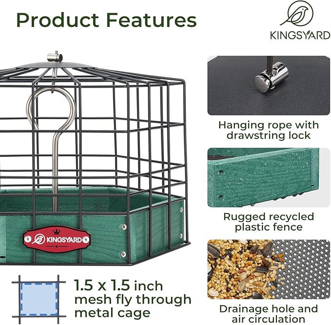 Kingsyard Squirrel Proof Platform Bird Feeders for Outdoor Hanging, Caged Bird Feeder for Small Wildbirds, Recycled Plastic Feeding Platform with Metal Seed Tray, Green