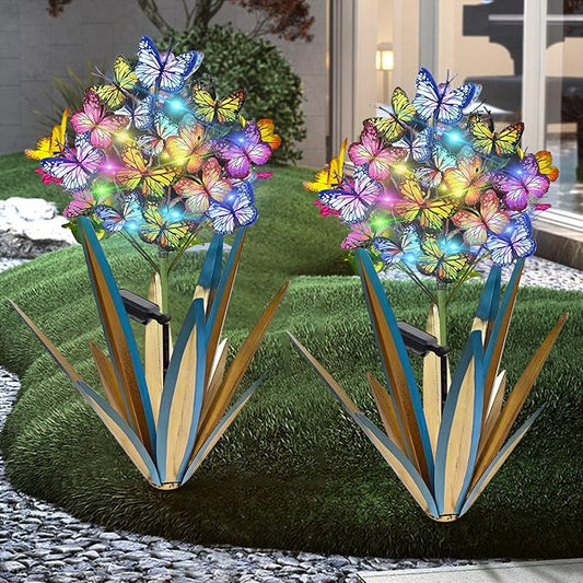 Homight Solar Metal Agave Butterfly Flower Stick Garden Sculpture - Outdoor Gift, Christmas Lights - Swaying Butterfly Garden Lights (2 PCS Blue)