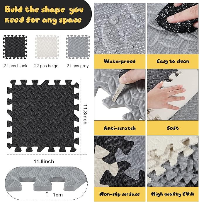 Shihanee Foam Floor Baby Tiles Foam Floor Mats Play Mats Bulk with Borders Interlocking for Kids Baby Playroom Nursery Gym (Black, White and Gray,64ft)