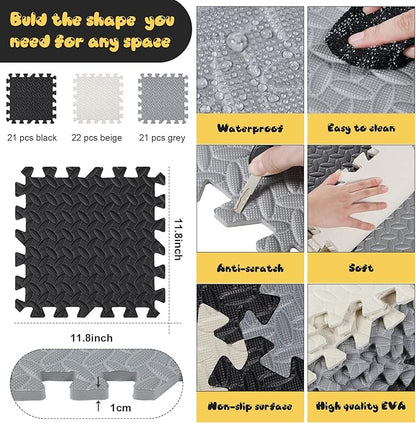 Shihanee Foam Floor Baby Tiles Foam Floor Mats Play Mats Bulk with Borders Interlocking for Kids Baby Playroom Nursery Gym (Black, White and Gray,64ft)