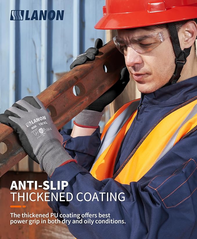 LANON 18 Pairs Safety Work Gloves, Mechanic Working Gloves for Men,Breathable PU Coated, Seamless Knit,Double Wash, Grey, X-Large