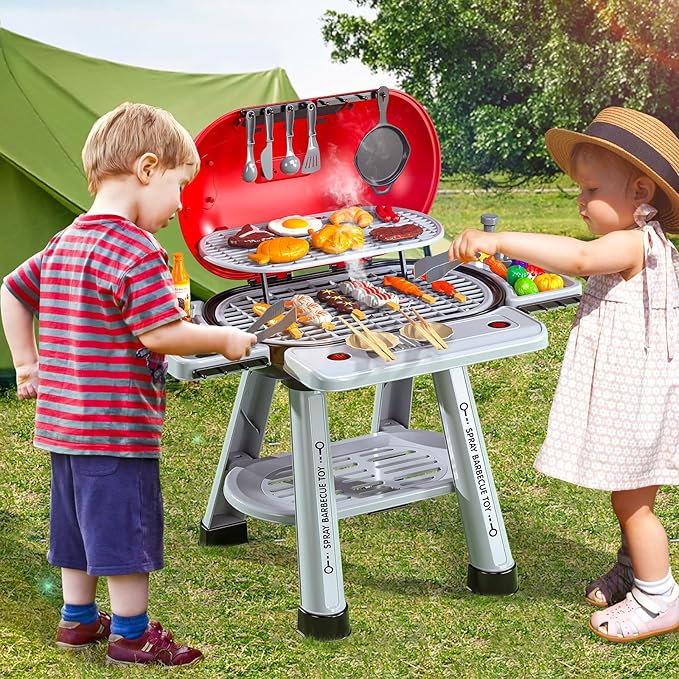 Kids BBQ Grill Playset for Kids Ages 4-8, Play Kitchen Toys with Smoke & Light for Boys Ages 3 4 5 6 7, 2-Layer Barbecue Toys Play Food Set, Indoor Outdoor Cooking Toy for Boys Girls 3-5