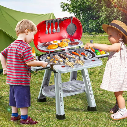 Kids BBQ Grill Playset for Kids Ages 4-8, Play Kitchen Toys with Smoke & Light for Boys Ages 3 4 5 6 7, 2-Layer Barbecue Toys Play Food Set, Indoor Outdoor Cooking Toy for Boys Girls 3-5