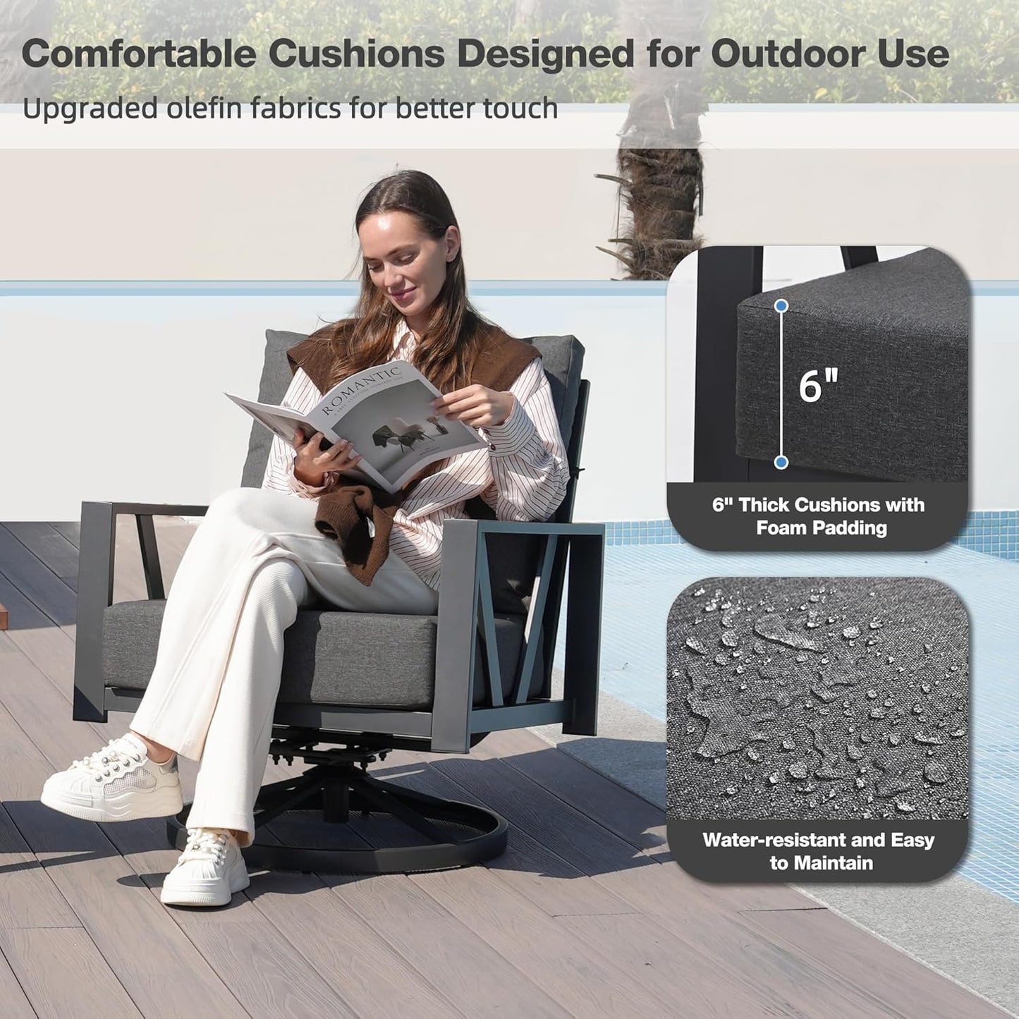 Outdoor Patio Swivel Rocking Chairs Set, Patio Porch Furniture with 6" Thick Cushions, 3 Pieces Outdoor Bistro Set with Coffee Table for Balcony, 350lbs, Dark Grey