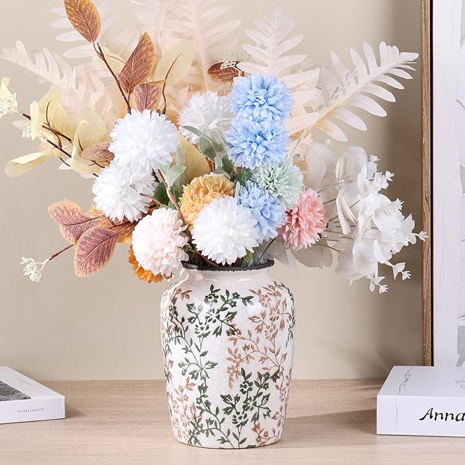 Vintage Vase for Flowers,Green Chinoiserie Ceramic Vase,Rustic Farmhouse Cracked Vases,for Flower Arrangement,Living Room, Office, Shelf, Fireplace Tables,Centerpieces,Chinoiserie Pottery Decor(D)