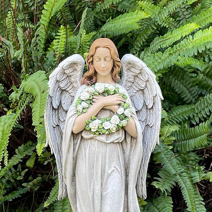 Garden Angel with Flower Wreath Statue - 16" Outdoor Memorial Angel Decor
