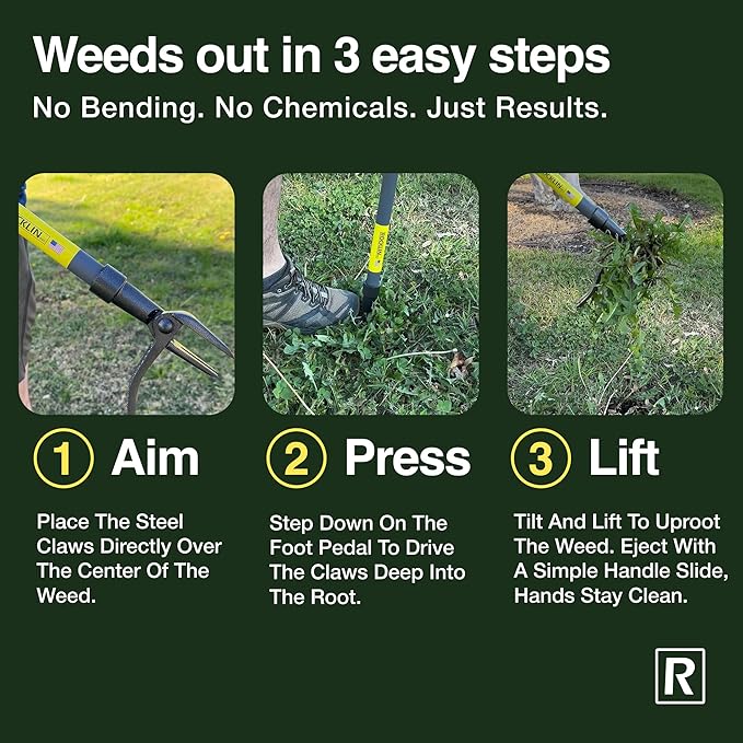 Rocklin™ Stand Up Weed Puller Tool - 4 Claw Steel Head - 48 inch Handle - 100% Metal - Easily Remove Weeds Without Bending or Kneeling (WeedPuller2.0)