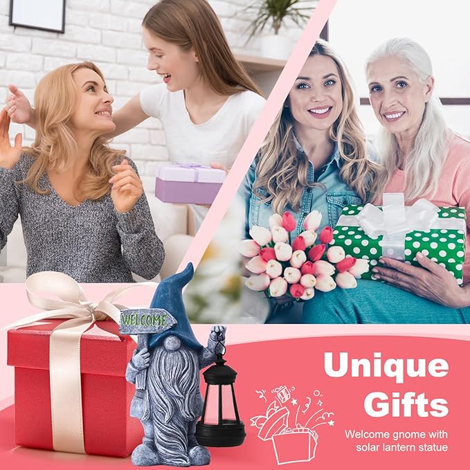 Welcome Gnomes with Solar Lantern - Garden Gnomes with Solar Lights, for Mom or Women, Housewarming Gnome Decorations