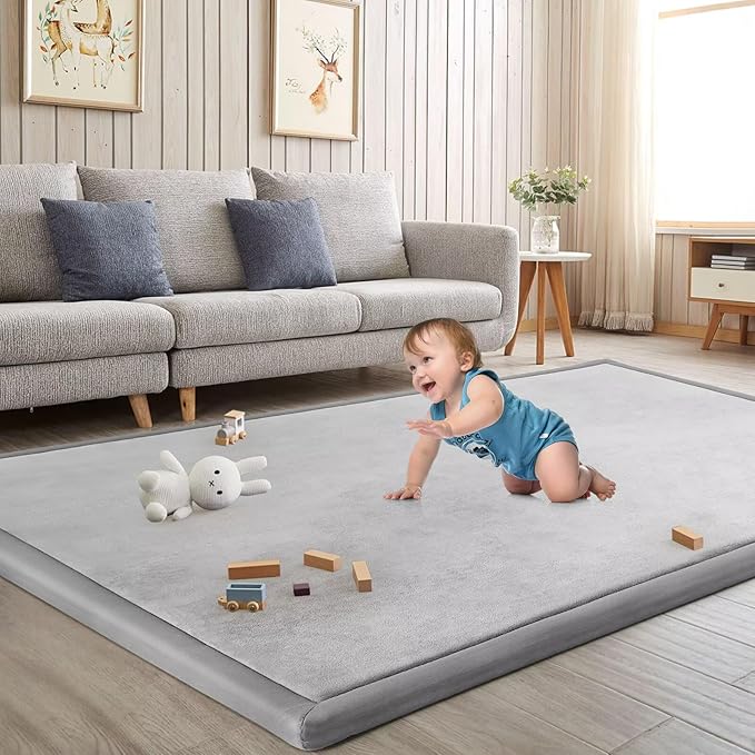 Baby Play Mat for Floor Tummy Time Mat Nursery Rug Muscle Mat Area Rug Playroom Rug Tatami Mat 79"x138" Memory Foam 1.3" Thick Crawling Mat for Babies,Toddlers, Infants, Kids(Light Gray)