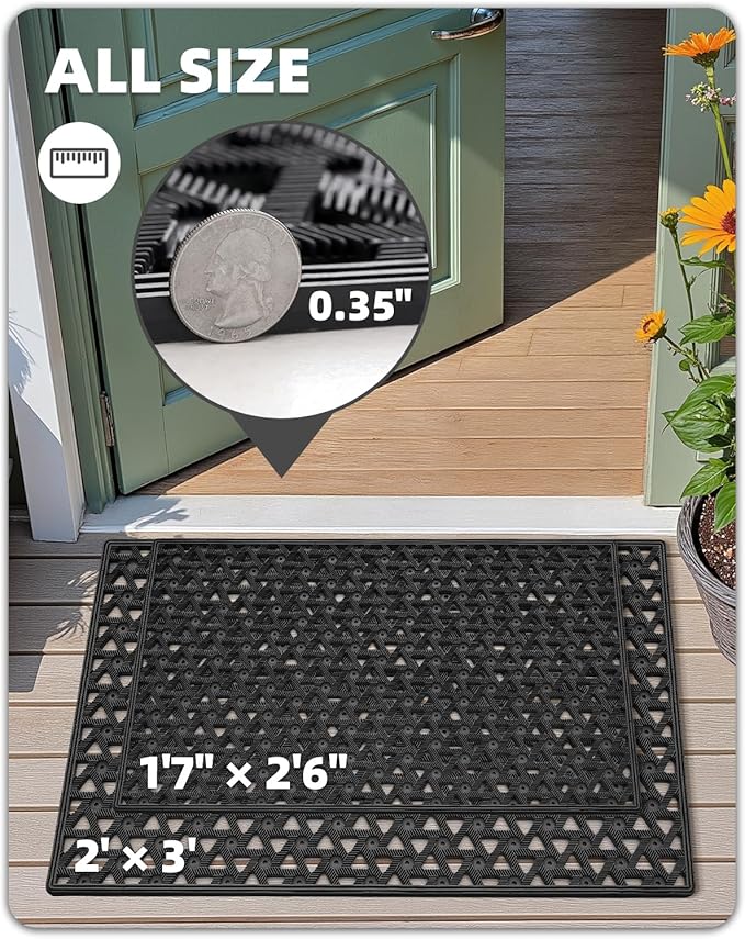 Color&Geometry Door Mat Outside Entrance with Drainage, Rubber Heavy Duty Dirt Trapper Waterproof Outdoor Welcome Mat, Outdoor Mats All Weather for Front Back Door Patio Entryway Entry, 19"X30" Black