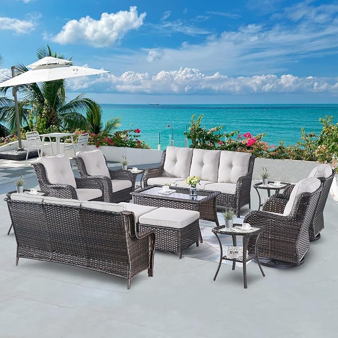Wicker Patio Furniture Sets - 13 Piece Outdoor Rattan Furniture Conversation Sets with 4 Swivel Rocker Chairs, 2 Rattan Sofas, Wicker Ottomans and Coffee Table, Brown/Beige