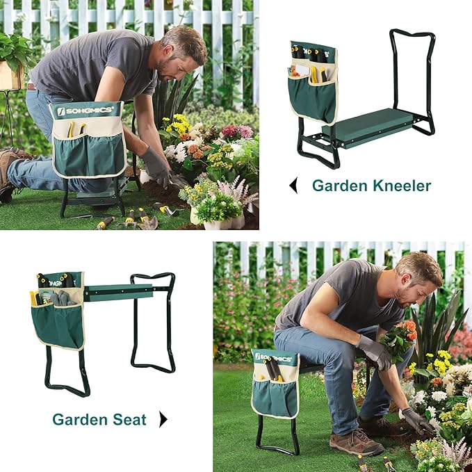 SONGMICS Garden Kneeler and Seat, Multifunctional Garden Kneeling Bench, Gardening Gifts for Women Men, Folding Gardening Stool, with 1 Tool Bag, 6-Inch Wide Kneeling Pad, Dark Green UGGK49L