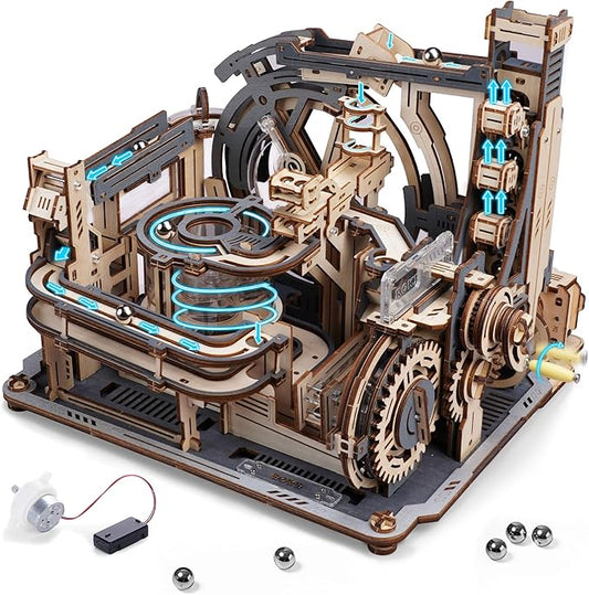 ROBOTIME Motorized Wooden Puzzles for Adults - 3D Puzzles for Adults LGC01 Marble Spaceport - Wooden Marble Run Model to Build - Space/STEM/Engineering Gift
