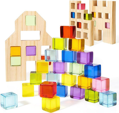 Woodtoe Wooden Building Blocks Set for Kids, 36 PCS Rainbow Acrylic Gem Cubes Blocks - 3 Wood House, Montessori Stacking Toy for Toddlers, Educational STEM Birthday Toys for Boys Girls 3-6