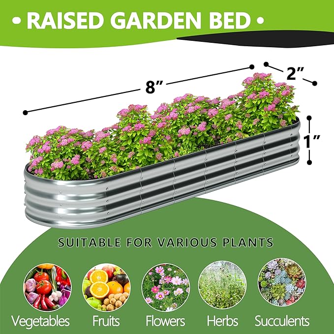 8x2x1ft(2 Pack) Oval Galvanized Raised Garden Bed,Outdoor Planter Box Metal Patio Kit Planting Bed for Vegetables Flowers and Succulents
