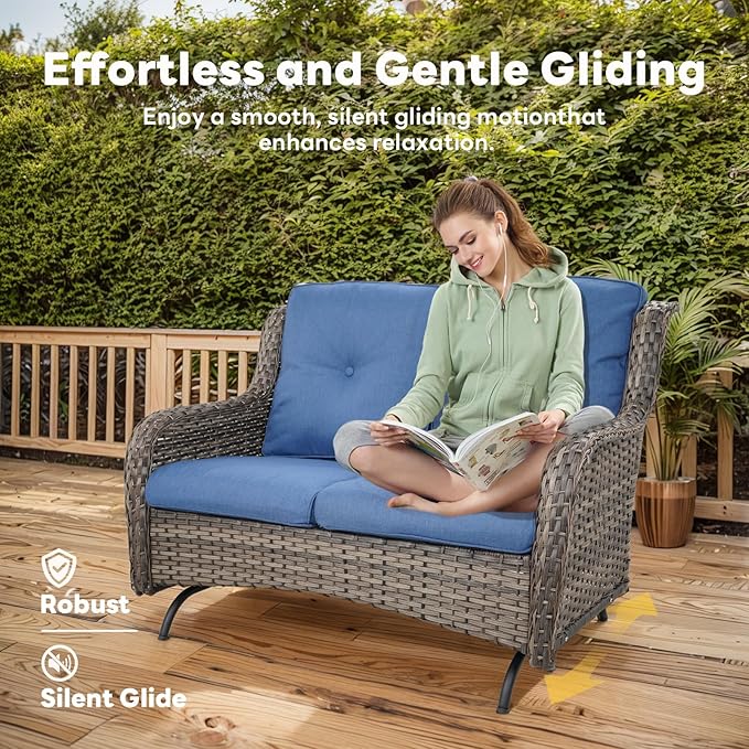 Outdoor Patio Furniture Set - 7 Piece Gray Wicker Conversation Patio Furniture Set All Weather Swivel Chairs with Ottoman and Loveseat Glider Chair for Deck Balcony Backyard