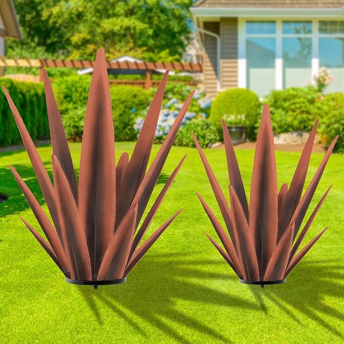 Enlarge Metal Plants Tequila Rustic Sculpture, Outdoor Patio Yard, Home Decor Hand Painted Agave Garden Statue, Outdoor Lawn Ornaments Yard Stakes for Mom Gift (1 Large coppery)